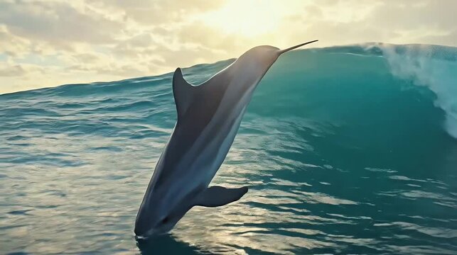 Jumping dolphin leaping over ocean wave against sky background