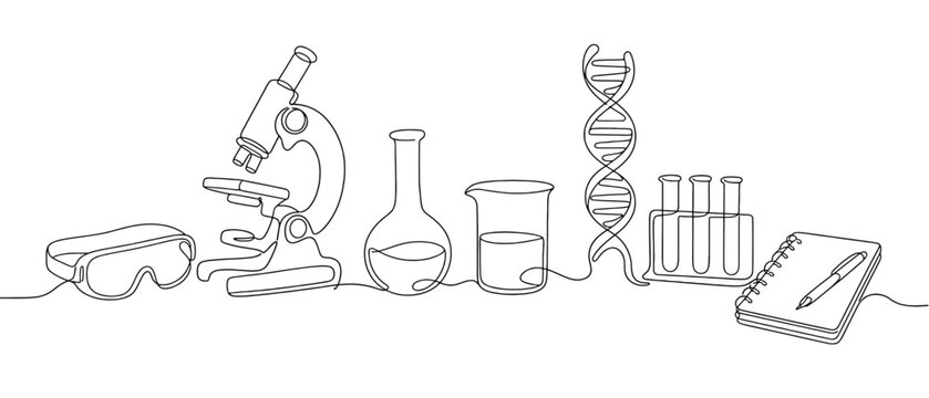 Continuous one line drawing of science laboratory equipment, microscope, dna, test tubes, beaker, goggles and notebook with pen vector illustration