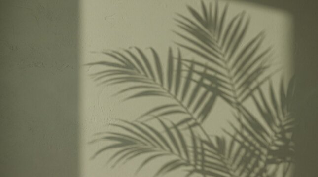 Palm leaf shadow on olive green wall. Tropical plant silhouette on textured background.