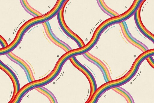 Seamless pattern featuring wavy rainbow stripes intersecting to form a grid with small geometric shapes on a light beige background texture