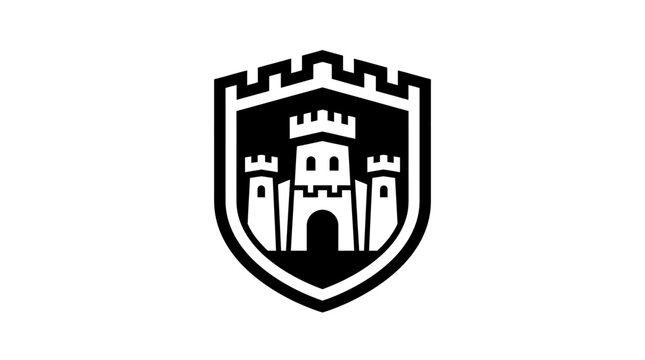 Black and white castle shield logo.