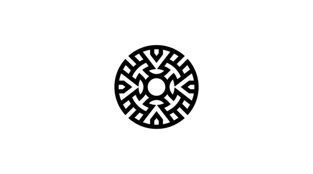 Black and white circular design symbol.