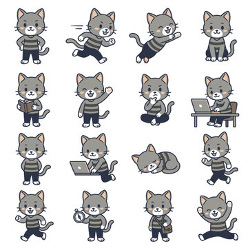 Clothed cat characters in striped shirts.