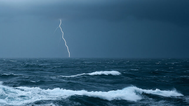 Dramatic lightning storm striking over turbulent ocean waves, powerful natural energy display, with copy space