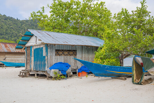 The beach scene with boat under palm tree
