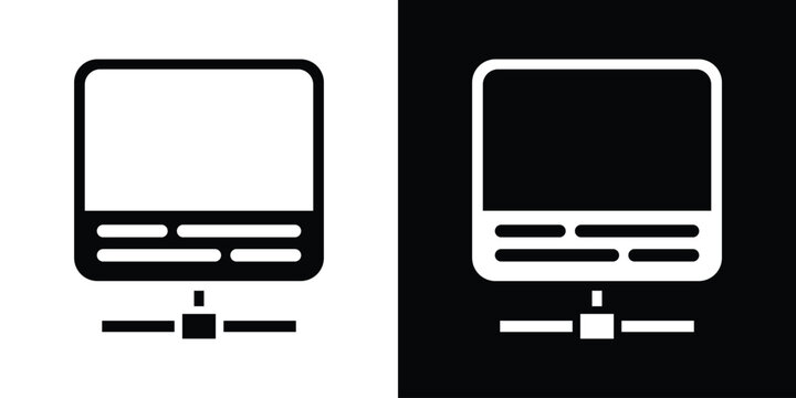 Computer display screen connected to a network node, set in black and white vector format, symbolizing system monitoring, desktop connection, and local network terminals.