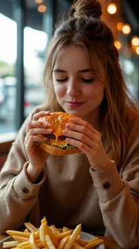 A young woman with messy hair enjoys a delicious burger while sitting at a cozy cafe table, with a portion of french fries in the foreground. Warm lighting creates a relaxed atmosphere.