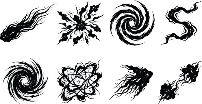 Black silhouette vector set of cosmic galaxy swirl black hole and stardust elements