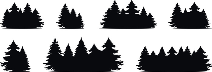 Set of pine tree silhouettes and evergreen forest landscape vector icons isolated on white background © MstAktarina