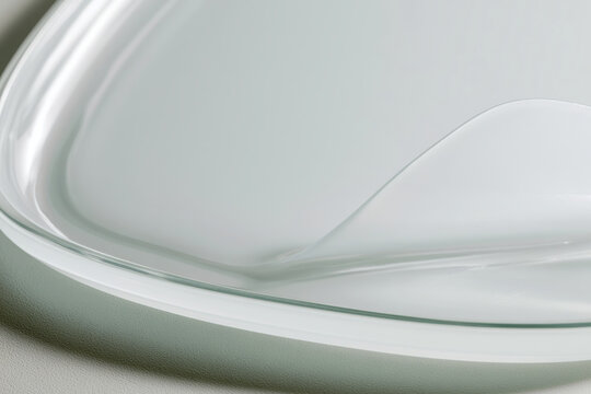 The close-up view highlights the flowing detail of the gel within a glass dish, emphasizing its texture and translucence, ideal for showcasing modern beauty or scientific products.