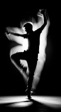 Dynamic Dancer Silhouette With Motion Blur Effect Performing On Dark Studio Stage
