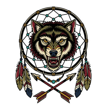 Fierce Wolf Head with Dreamcatcher and Arrows