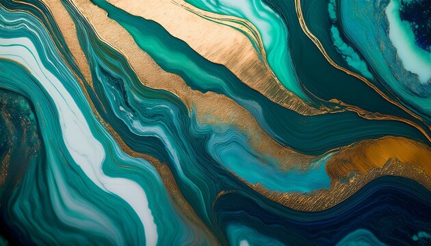 Abstract fluid art with teal turquoise and gold marbled waves elegant luxury background