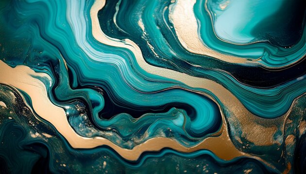 Abstract teal and gold fluid art marble texture with flowing turquoise and golden swirling waves background