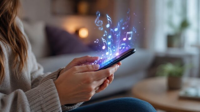 Woman playing music on smartphone with digital notes graphic.