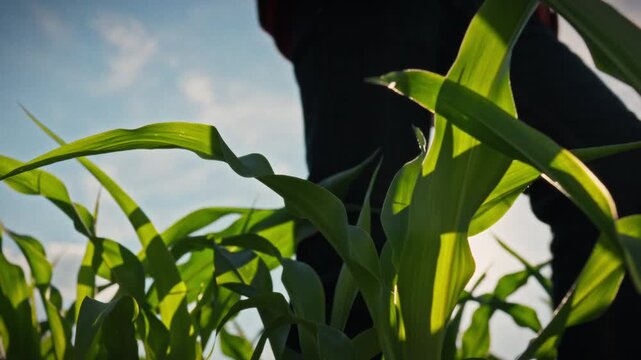 Farmer in casual clothing walks between long rows of tall corn plants in vast open field during daytime under clear sunny conditions, concept of modern agriculture large-scale agribusiness operations
