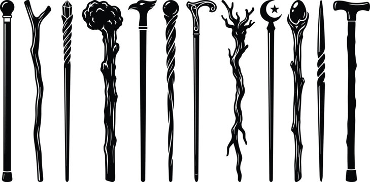 Set of black silhouette walking sticks magic wizard staffs and vintage canes isolated on white