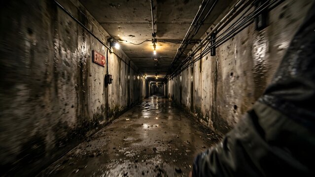 Dark abandoned underground tunnel. Scary hallway in a derelict basement with wet concrete.