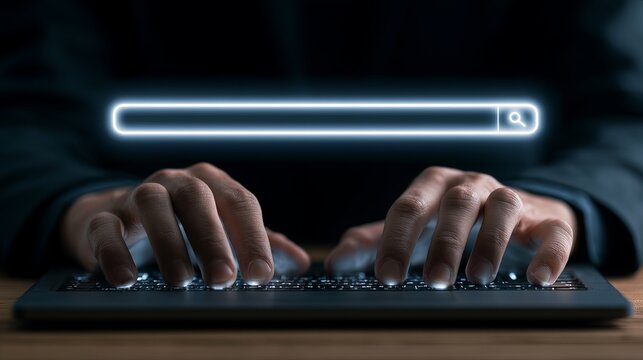 A focused professional typing on a sleek black keyboard with a glowing search bar, capturing the essence of digital productivity in a modern workspace environment
