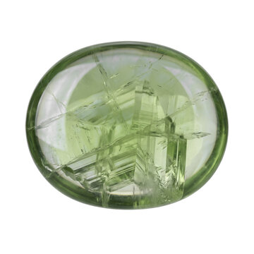 Rounded disk green apophyllite crystal palm stone in pale lime translucent glass clarity, gemstone element isolated on pure transparent background