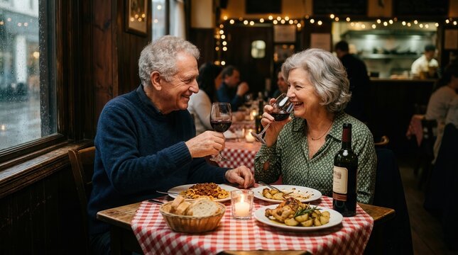 Senior couple toasting with red wine at a romantic dinner. Warm atmosphere in a rustic restaurant with checkered tablecloth.