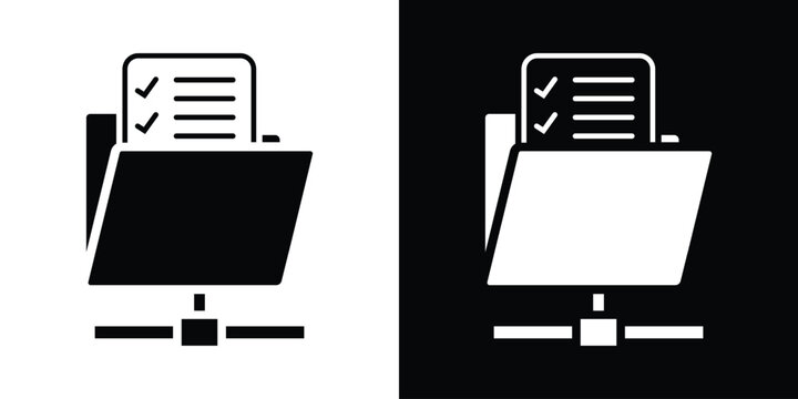 Folder icon with a checked document list and gear symbol linked to a network. Vector icon representing shared file management, cloud storage configuration, data processing, and workflow setup.