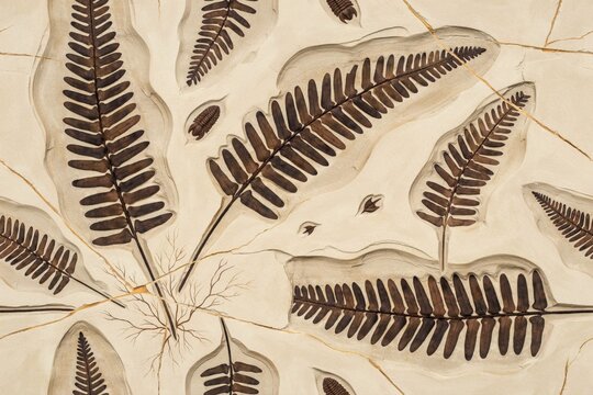 Seamless pattern of dark brown fossilized fern leaves with delicate roots and thin gold cracks on a textured light beige stone background