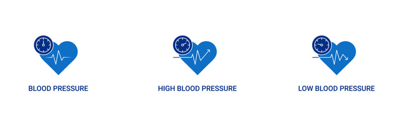 Obraz premium Types of Blood Pressure icon set containing normal, high and low blood pressure vector icons concept illustration