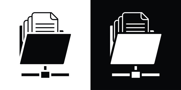 Folder icon with a checked document list and gear symbol linked to a network. Vector icon representing shared file management, cloud storage configuration, data processing, and workflow setup.