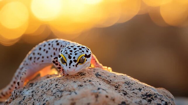 Leopard gecko on rock wildlife portrait with warm sunlight background