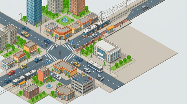 Isometric flat 3D city map tiles with buildings blocks road street game tiles icons infographic concept set with crossroad traffic light skyscraper tram bus shop city map isometric view 3D tiles