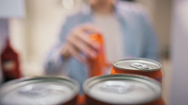 Idea of cold storage rows of gleaming tin cans of carbonated drink line the stainless-steel shelves inside a home kitchen refrigerator, while a man reaches in to choose a can for his drink