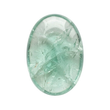 Smooth green apophyllite crystal palm stone with translucent mint tint and glassy sheen, polished gemstone isolated on pure transparent background