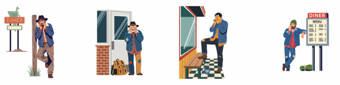 Set of flat vector illustrations depicting different men playing the harmonica while busking or traveling in various urban and diner settings.