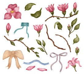 Watercolor magnolia clipart set with flowers, buds, leaves, branches, ribbons, petals isolated on white background. Hand drawn botanical collection for spring design, invitations, cards and patterns © Elena