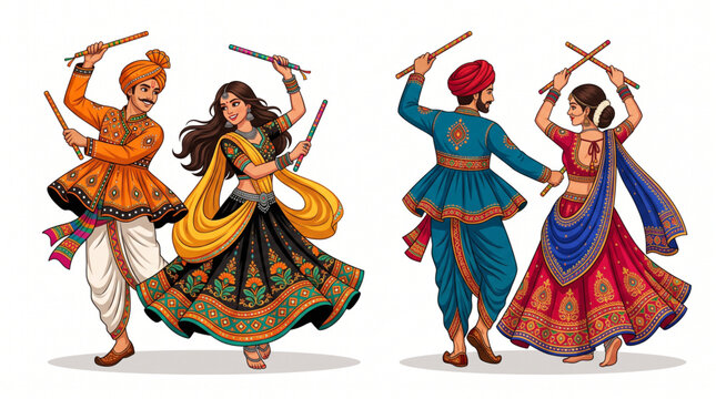 Traditional Garba Dandiya Dance Couples in Colorful Gujarati Attire Isolated on White for Festival Poster Design