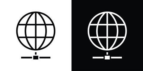 Obraz premium Line-art globe grid icon attached to a network connection hub. Black and white vector design representing worldwide web infrastructure, global connectivity, and digital networking.