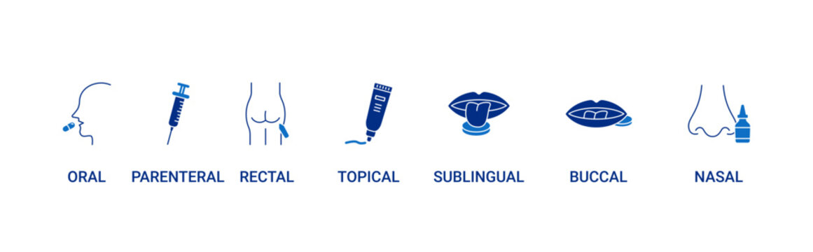 Route of Administration icon set containing oral, parenteral, rectal, topical, sublingual, buccal and nasal vector icons concept illustration