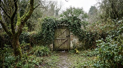 Obraz premium Overgrown garden aesthetics, an overgrown garden gate adorned with climbing ivy exudes mystery and nostalgia