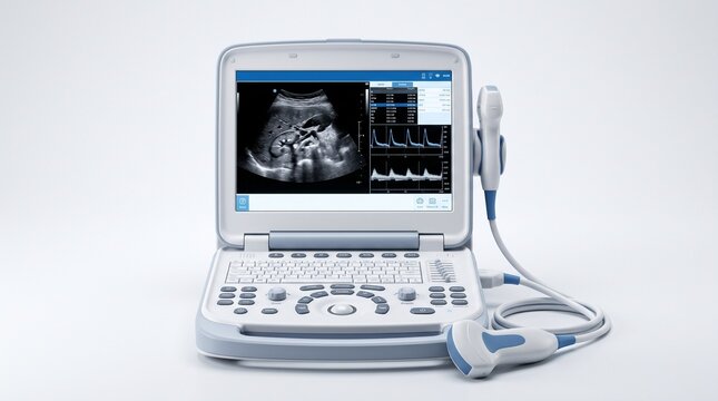 Portable medical ultrasound machine. Modern diagnostic sonography device for clinical imaging.