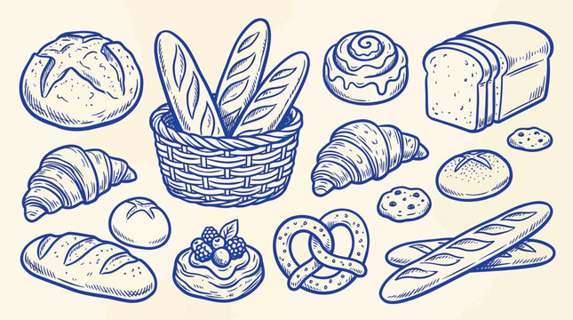 Assorted baked goods including bread baguette croissant and pretzel sketched on a textured background in a vintage style