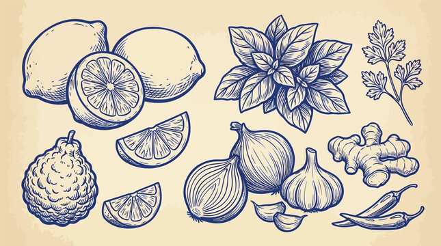 Fresh citrus lemon and aromatic herbs with spices on a vintage textured background