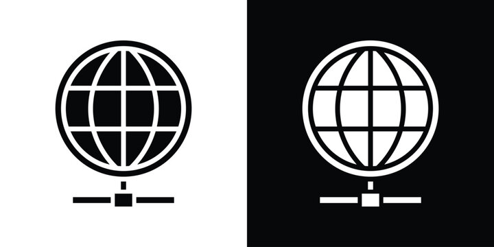 Bold globe grid icon attached to a central network connection node. Clean black and white vector symbol for global internet connectivity, data networking, and server infrastructure.