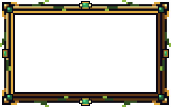 Retro Pixel Art Fantasy Border for Game UI, Decorative Rectangular Golden Frame with Green Emerald Gemstones and Vine Details, Vintage 16-Bit Gaming Asset isolated on White Background