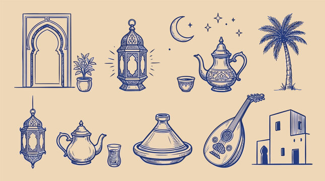Moroccan Islamic cultural icons with crescent moon and palm tree during twilight in sketchy style