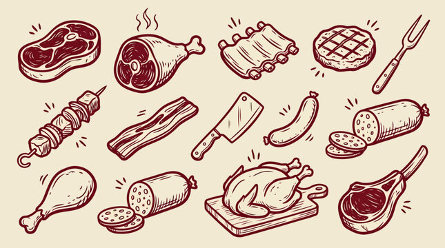 Assorted raw and cooked meats and poultry arranged in a warm earthy toned flat lay with a vintage sketch style