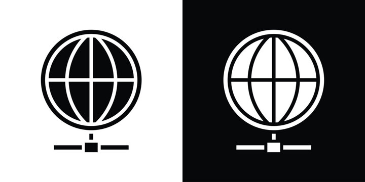 Bold globe grid icon attached to a central network connection node. Clean black and white vector symbol for global internet connectivity, data networking, and server infrastructure.