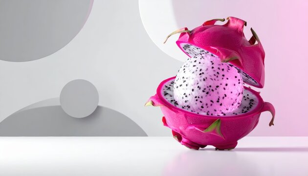 Exotic pink dragon fruit with a scoop of white flesh, positioned on a white surface with abstract geometric background and ample copy space for design.