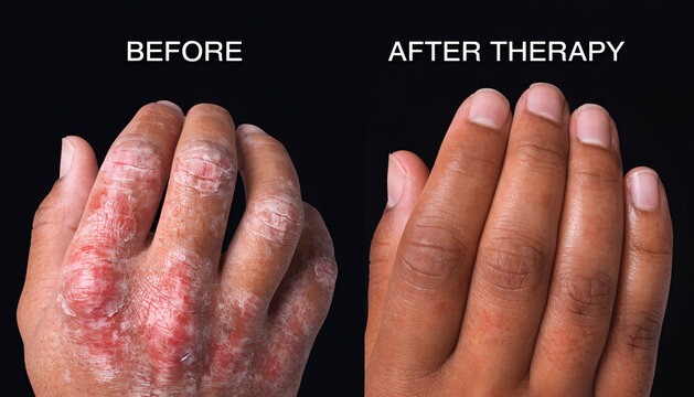 A before and after comparison of a person's hands shows a remarkable improvement in skin condition and reduction of redness and scaling after therapy.