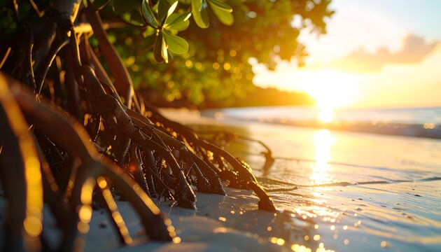 Mangrove roots on a sandy beach during sunset